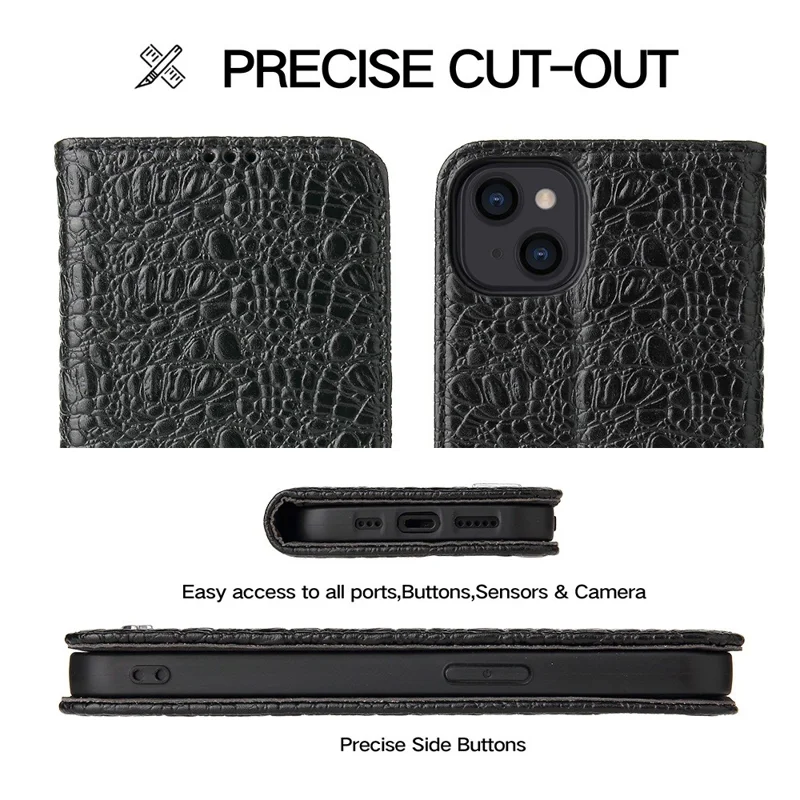 For iPhone 14 Plus Auto-absorbed Magnetic Phone Case Wallet Stand Anti-scratch Top Layer Cowhide Leather Crocodile Texture Cell Phone Cover - Black