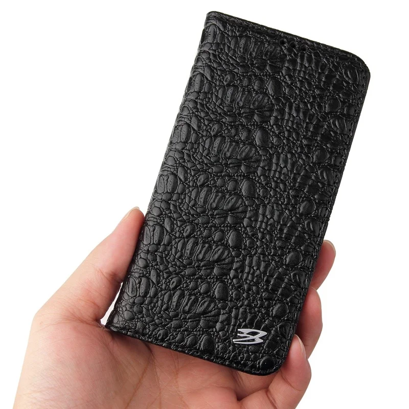 For iPhone 14 Plus Auto-absorbed Magnetic Phone Case Wallet Stand Anti-scratch Top Layer Cowhide Leather Crocodile Texture Cell Phone Cover - Black