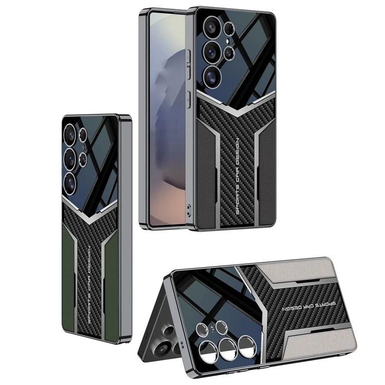 GKK For Samsung Galaxy S25 Ultra Case Carbon Fiber Pattern Electroplating Edge PU + TPU + PC Phone Back Cover - Midnight Green