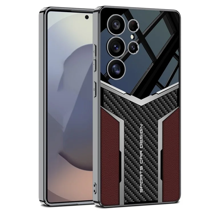 Чехол GKK для Samsung Galaxy S25 Ultra с карбоновым узором и электролитической окантовкой, PU + TPU + PC - Красный
