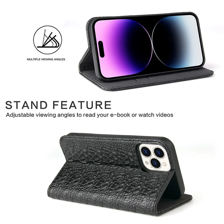 Caixa de Telefone Protetora Para Iphone 14 Pro Max Wallet Stand Auto-absorvido Pela Camada Magnética de Couro de Couro de Couro de Couro - Preto