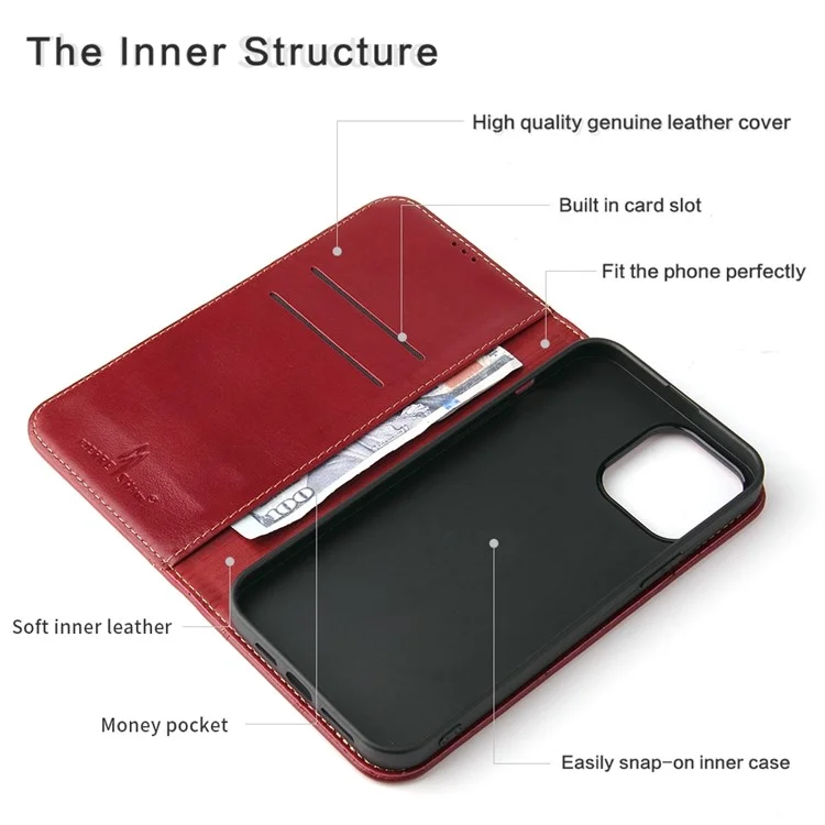 Fierre Shann Drop-proof-telefonhülle Für Iphone 14 Pro Max, Top-layer-kuhspur-leder-brieftasche Magnetische Verschluss Handyabdeckung - Rot