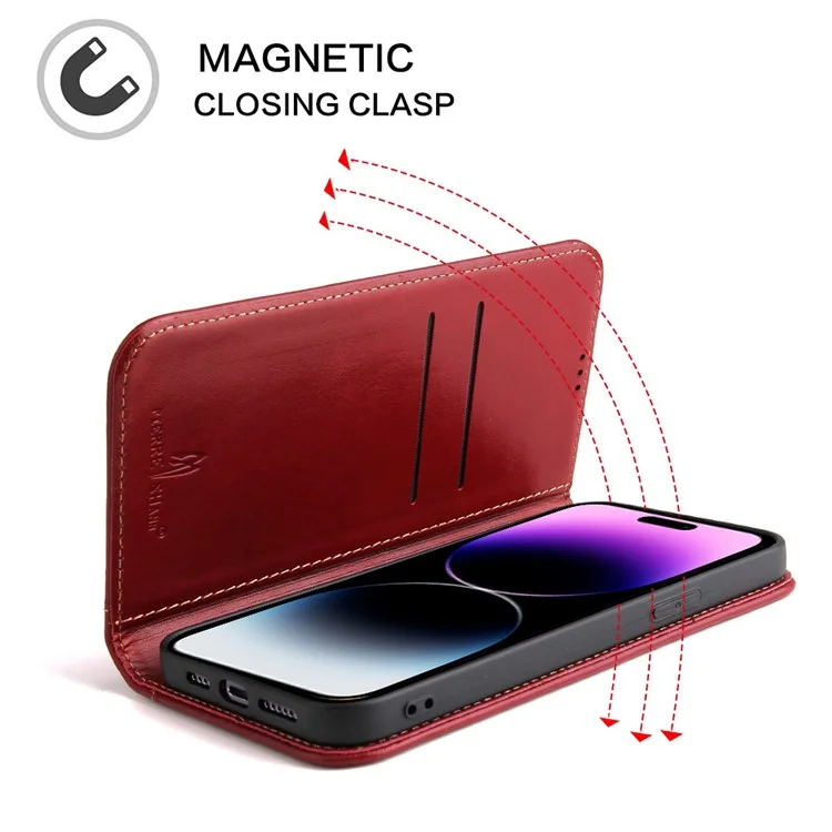 Fierre Shann Drop-proof-telefonhülle Für Iphone 14 Pro Max, Top-layer-kuhspur-leder-brieftasche Magnetische Verschluss Handyabdeckung - Rot