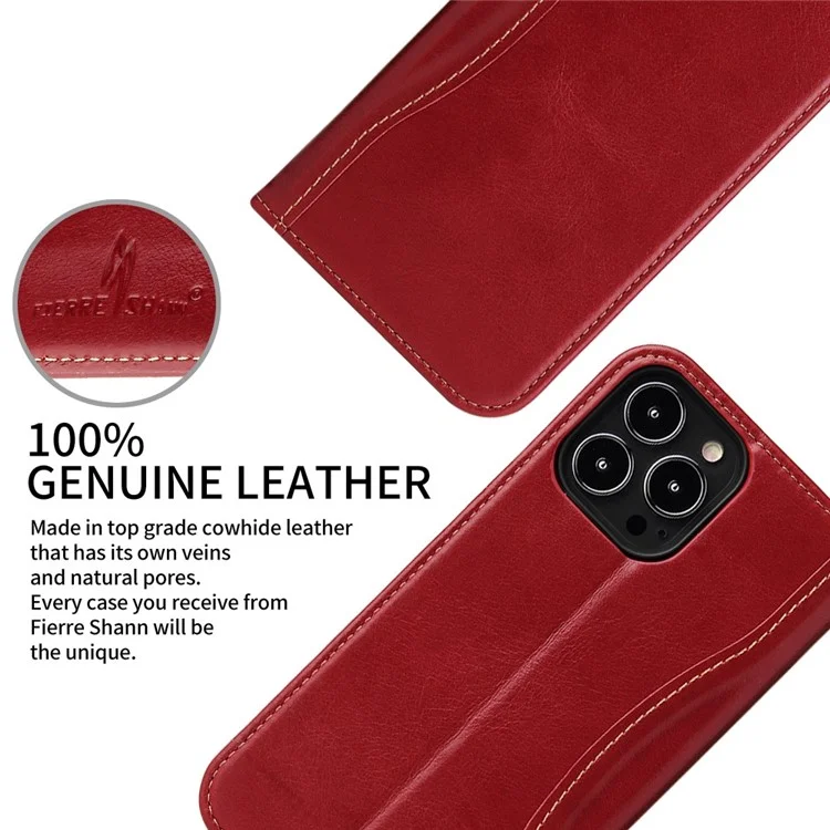 Fierre Shann Drop-proof-telefonhülle Für Iphone 14 Pro Max, Top-layer-kuhspur-leder-brieftasche Magnetische Verschluss Handyabdeckung - Rot