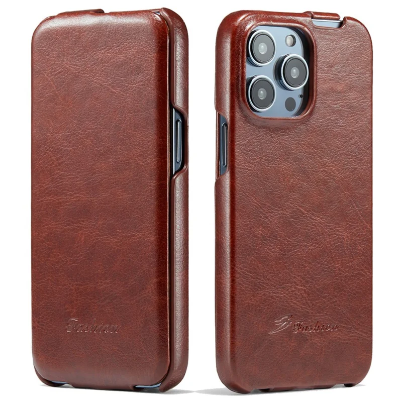 Per iPhone 14 Pro Max Vertical Flip PU Leather Phone Case Imprinted Pattern Crazy Horse Texture Shockproof Protective Cover - Brown