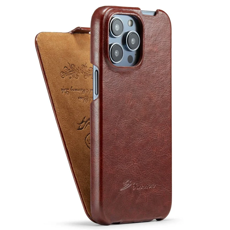 Per iPhone 14 Pro Max Vertical Flip PU Leather Phone Case Imprinted Pattern Crazy Horse Texture Shockproof Protective Cover - Brown
