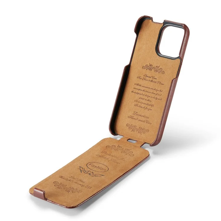 Per iPhone 14 Pro Max Vertical Flip PU Leather Phone Case Imprinted Pattern Crazy Horse Texture Shockproof Protective Cover - Brown
