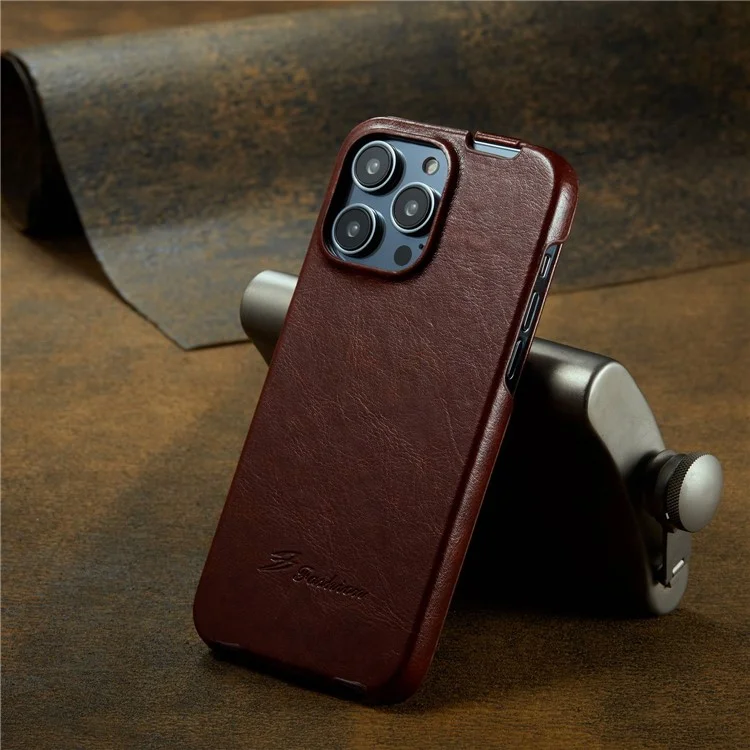 Per iPhone 14 Pro Max Vertical Flip PU Leather Phone Case Imprinted Pattern Crazy Horse Texture Shockproof Protective Cover - Brown