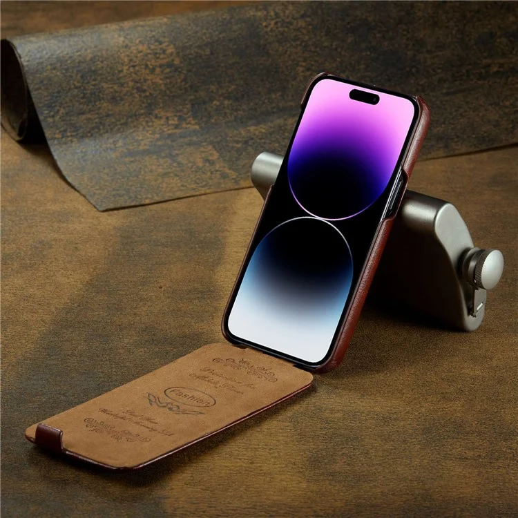 Per iPhone 14 Pro Max Vertical Flip PU Leather Phone Case Imprinted Pattern Crazy Horse Texture Shockproof Protective Cover - Brown