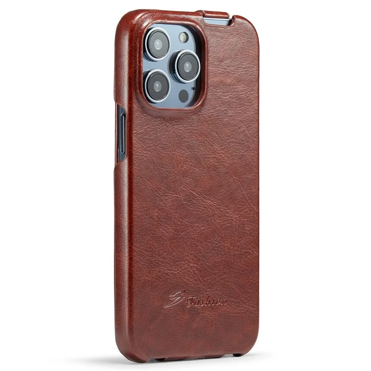 Per iPhone 14 Pro Max Vertical Flip PU Leather Phone Case Imprinted Pattern Crazy Horse Texture Shockproof Protective Cover - Brown