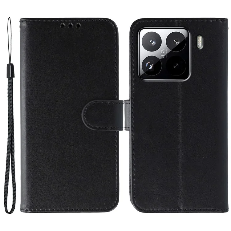 For Xiaomi 15 Pro Cases PU Leather Flip Wallet Phone Cover with Strap - Black