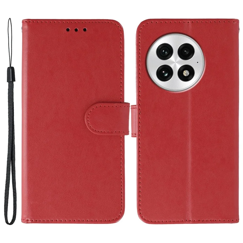 For OnePlus 13 Cases PU Leather Flip Wallet Phone Cover with Strap - Red