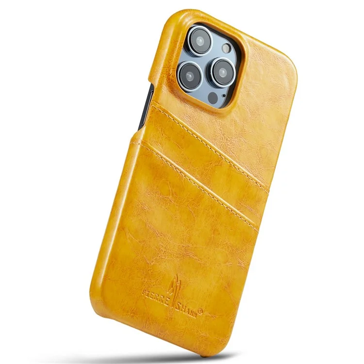 FIERRE SHANN For iPhone 14 Pro Max Card Slots Design Oil Wax PU Leather Coated Hard PC Phone Case Drop-proof Cover - Yellow