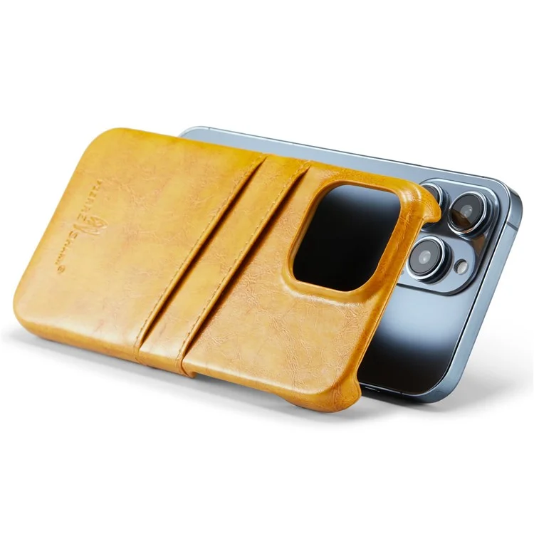 FIERRE SHANN For iPhone 14 Pro Max Card Slots Design Oil Wax PU Leather Coated Hard PC Phone Case Drop-proof Cover - Yellow