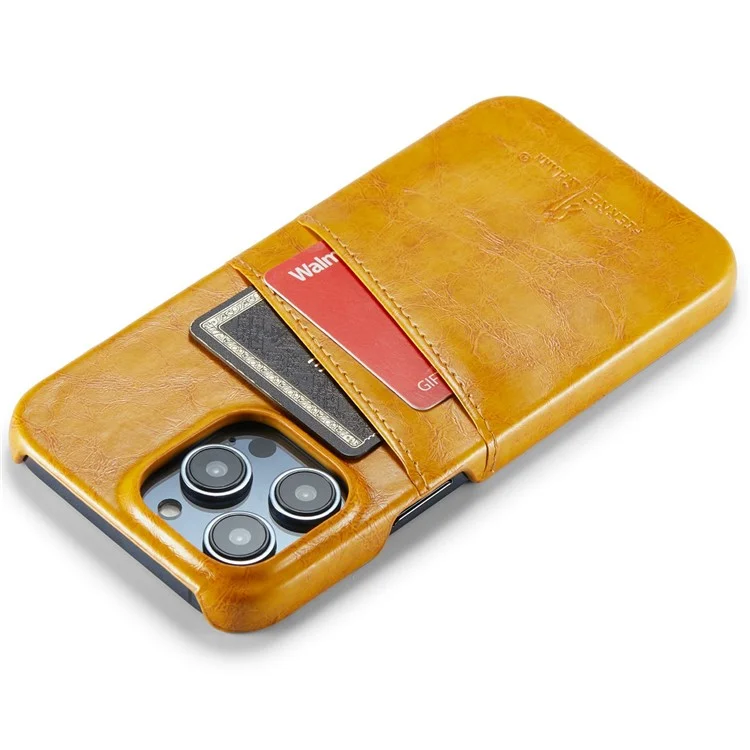 FIERRE SHANN For iPhone 14 Pro Max Card Slots Design Oil Wax PU Leather Coated Hard PC Phone Case Drop-proof Cover - Yellow