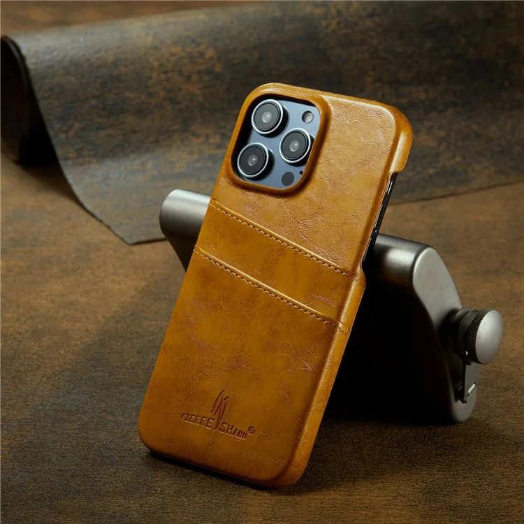 FIERRE SHANN For iPhone 14 Pro Max Card Slots Design Oil Wax PU Leather Coated Hard PC Phone Case Drop-proof Cover - Yellow