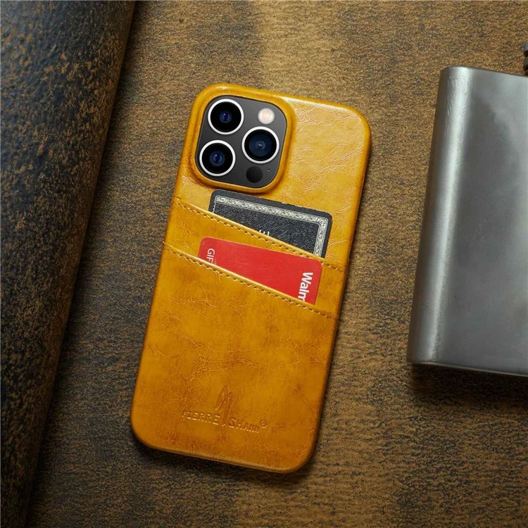 FIERRE SHANN For iPhone 14 Pro Max Card Slots Design Oil Wax PU Leather Coated Hard PC Phone Case Drop-proof Cover - Yellow
