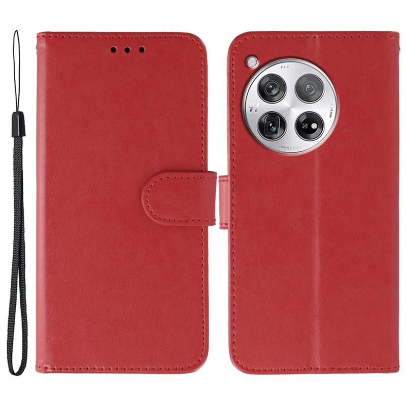 For OnePlus 12 5G Cases PU Leather Flip Wallet Phone Cover with Strap - Red