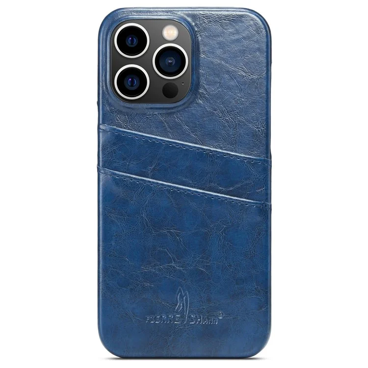 FIERRE SHANN For iPhone 14 Pro Waxy PU Leather Coated Hard PC Phone Case Card Holder Back Cover - Blue