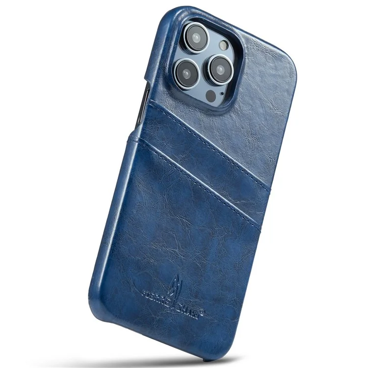 FIERRE SHANN For iPhone 14 Pro Waxy PU Leather Coated Hard PC Phone Case Card Holder Back Cover - Blue