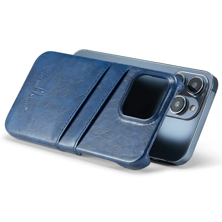 FIERRE SHANN For iPhone 14 Pro Waxy PU Leather Coated Hard PC Phone Case Card Holder Back Cover - Blue