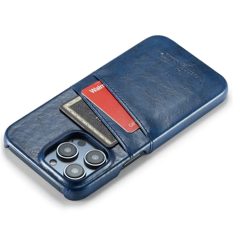 FIERRE SHANN For iPhone 14 Pro Waxy PU Leather Coated Hard PC Phone Case Card Holder Back Cover - Blue