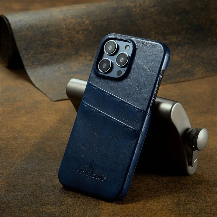 FIERRE SHANN For iPhone 14 Pro Waxy PU Leather Coated Hard PC Phone Case Card Holder Back Cover - Blue