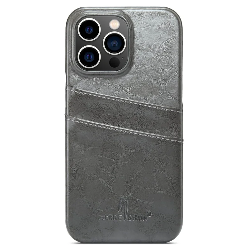 FIERRE SHANN For iPhone 14 Pro Waxy PU Leather Coated Hard PC Phone Case Card Holder Back Cover - Grey