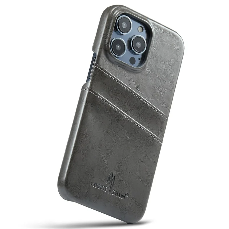 FIERRE SHANN For iPhone 14 Pro Waxy PU Leather Coated Hard PC Phone Case Card Holder Back Cover - Grey
