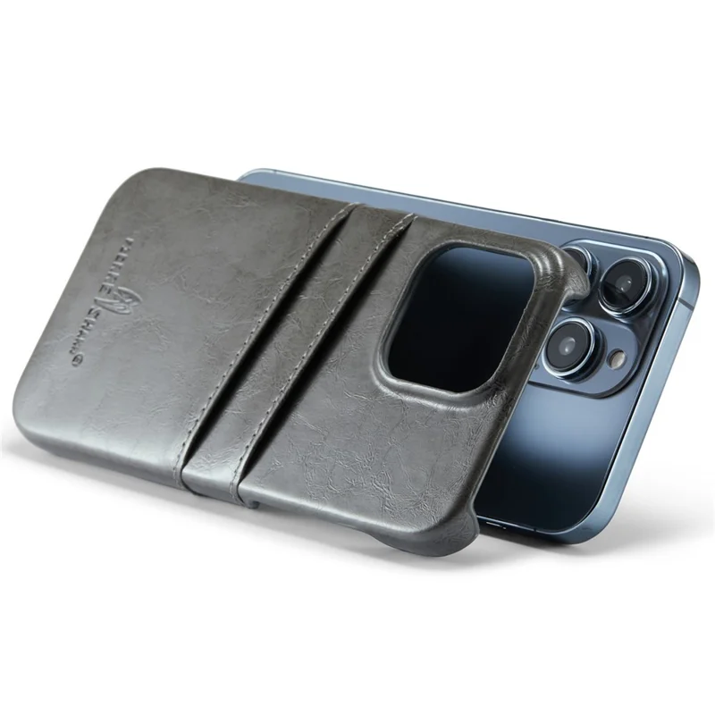 FIERRE SHANN For iPhone 14 Pro Waxy PU Leather Coated Hard PC Phone Case Card Holder Back Cover - Grey
