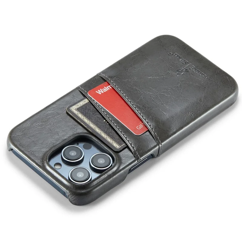 FIERRE SHANN For iPhone 14 Pro Waxy PU Leather Coated Hard PC Phone Case Card Holder Back Cover - Grey