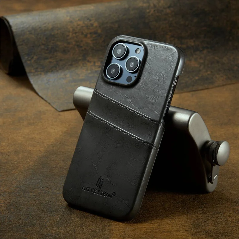FIERRE SHANN For iPhone 14 Pro Waxy PU Leather Coated Hard PC Phone Case Card Holder Back Cover - Grey
