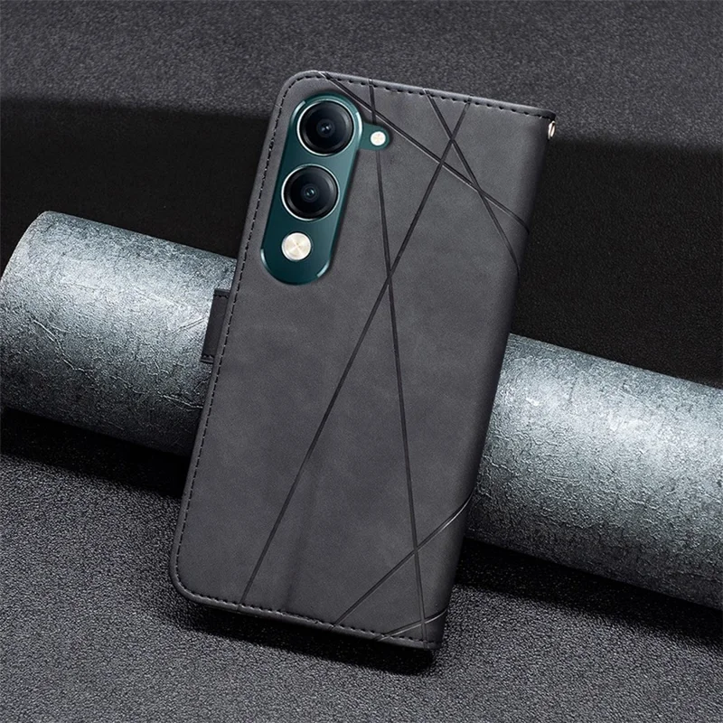 BINFEN COLOR For vivo Y29s 5G  /  Y04 4G Phone Cases Wallet Stand Geometry Imprint Leather Cover - Black