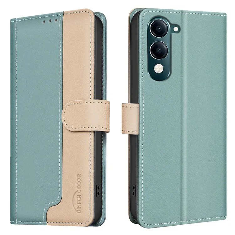 BINFEN COLOR BF33 Para vivo Y29s 5G / Y04 4G Estuche de cuero Empalme de color Cartera RFID Blocking Soporte Funda de teléfono - Verde