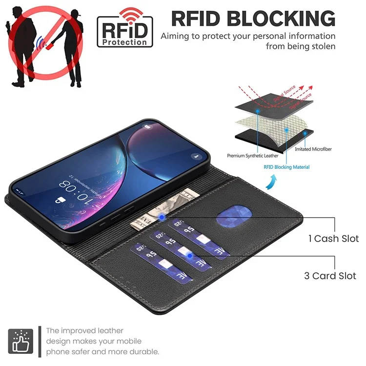 BINFEN COLOR BF32 Capa Carteira de Couro para vivo Y29s 5G / Y04 4G com Bloqueio RFID - Preto