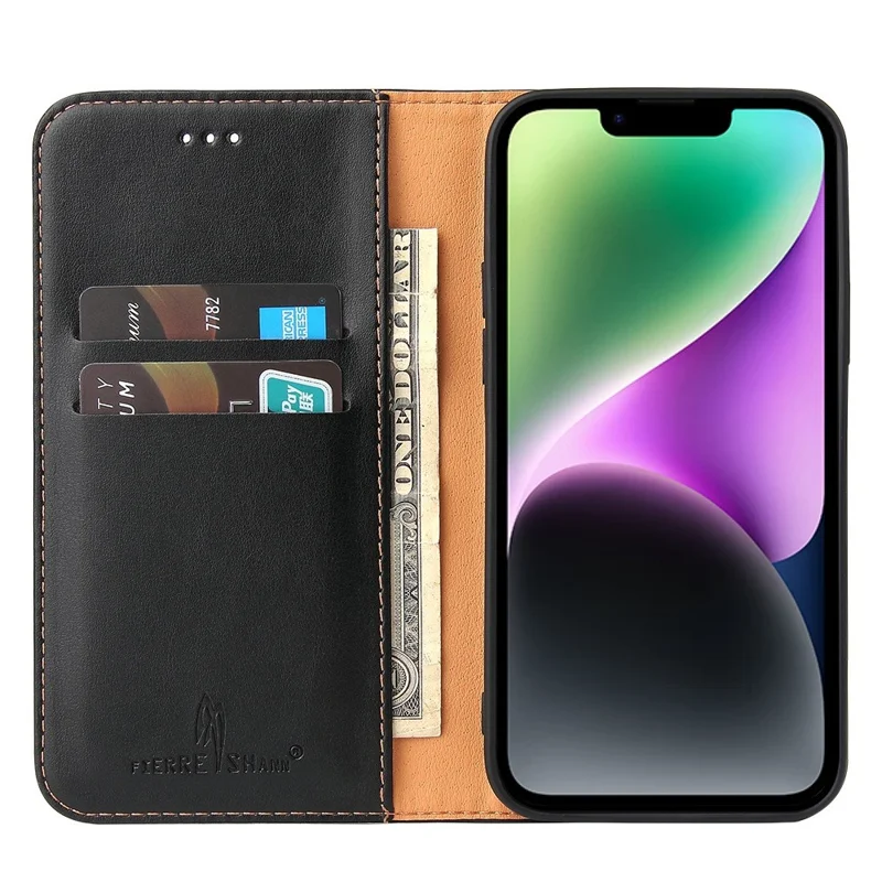 FIERRE SHANN for iPhone 14 Plus Anti-fall Phone Case Stand Auto-absorbed Magnetic Closure PU Leather Protective Phone Wallet Cover - Black