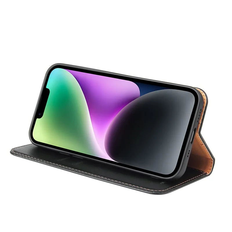 FIERRE SHANN for iPhone 14 Plus Anti-fall Phone Case Stand Auto-absorbed Magnetic Closure PU Leather Protective Phone Wallet Cover - Black