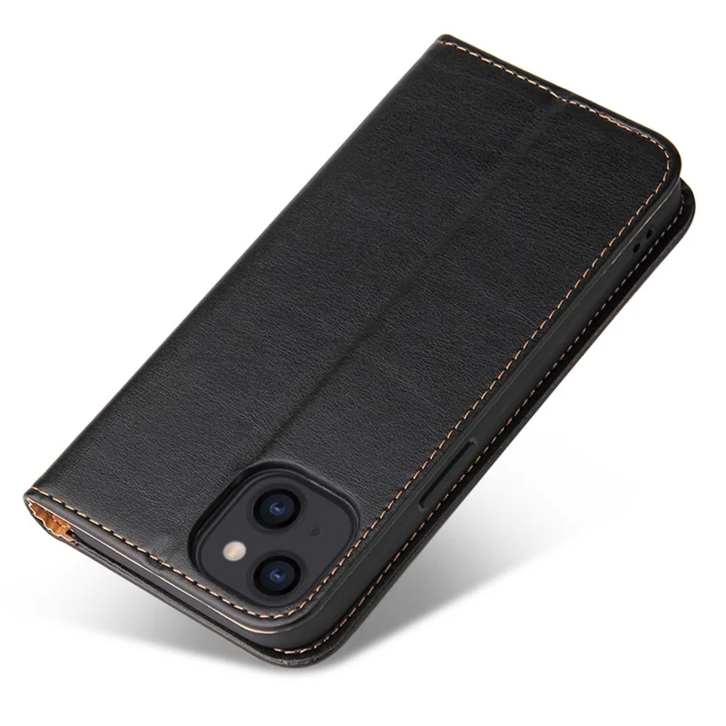 FIERRE SHANN for iPhone 14 Plus Anti-fall Phone Case Stand Auto-absorbed Magnetic Closure PU Leather Protective Phone Wallet Cover - Black