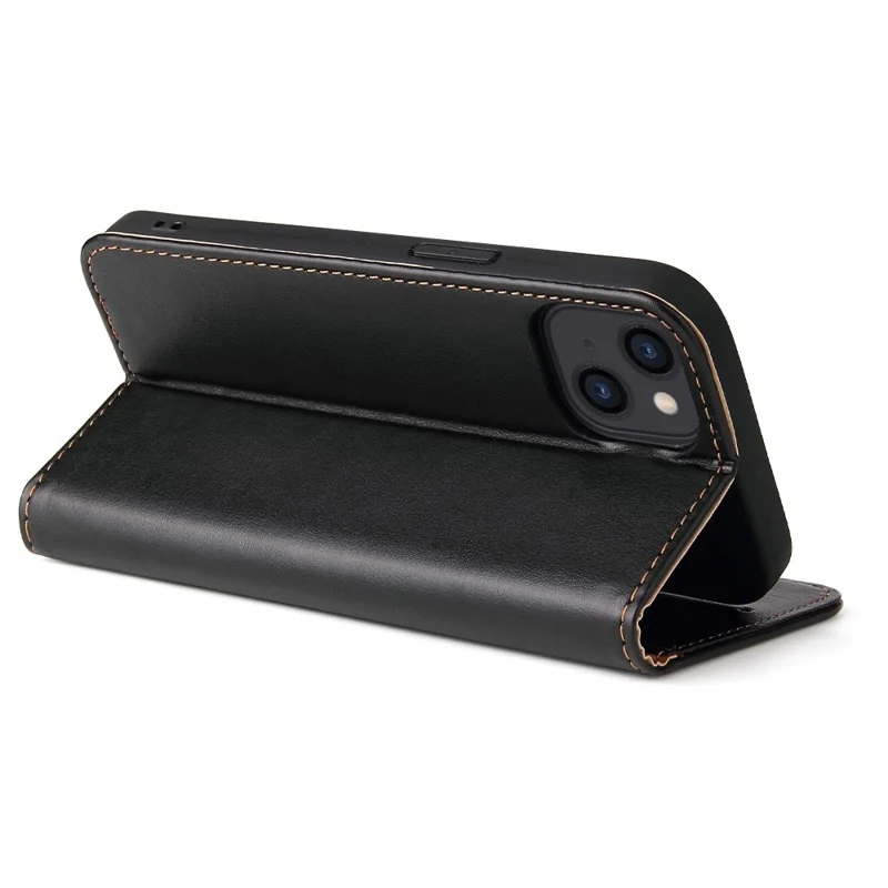 FIERRE SHANN for iPhone 14 Plus Anti-fall Phone Case Stand Auto-absorbed Magnetic Closure PU Leather Protective Phone Wallet Cover - Black