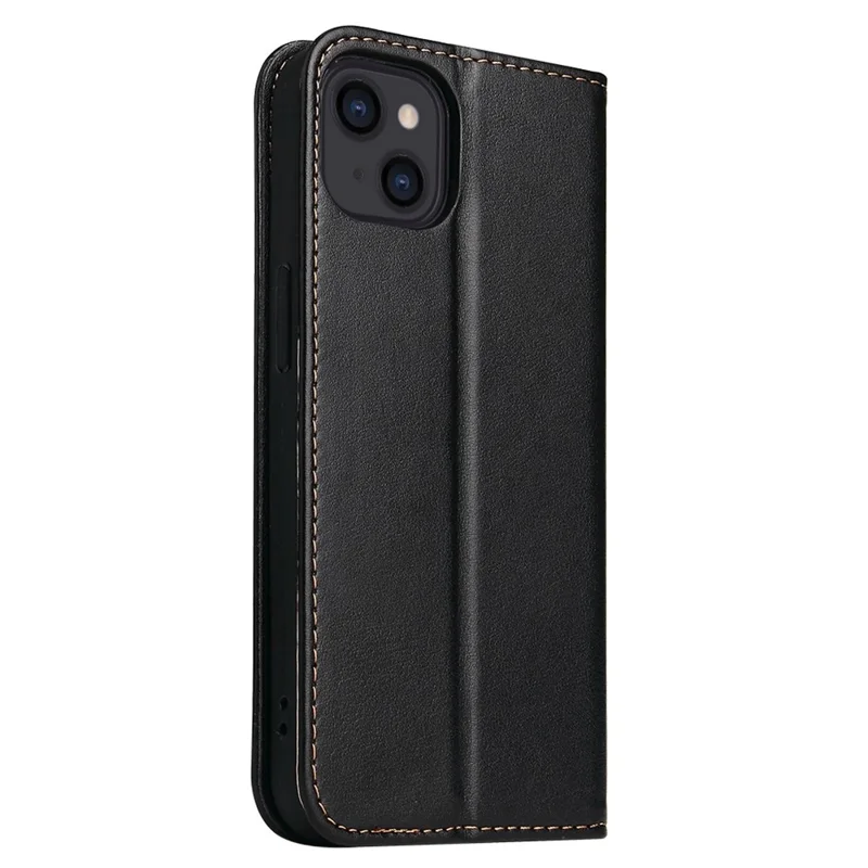FIERRE SHANN for iPhone 14 Plus Anti-fall Phone Case Stand Auto-absorbed Magnetic Closure PU Leather Protective Phone Wallet Cover - Black