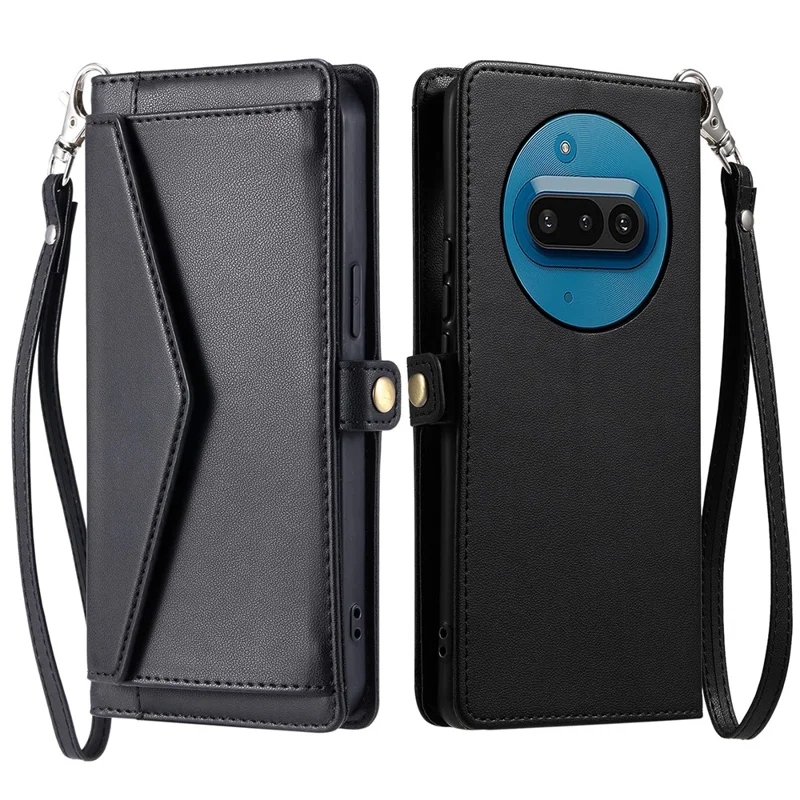 For Nothing Phone (3a) Leather Case with Wrist Strap Wallet Stand Phone Cover - Black