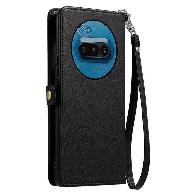 For Nothing Phone (3a) Leather Case with Wrist Strap Wallet Stand Phone Cover - Black