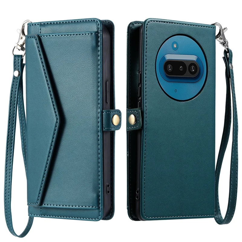 For Nothing Phone (3a) Leather Case with Wrist Strap Wallet Stand Phone Cover - Blackish Green