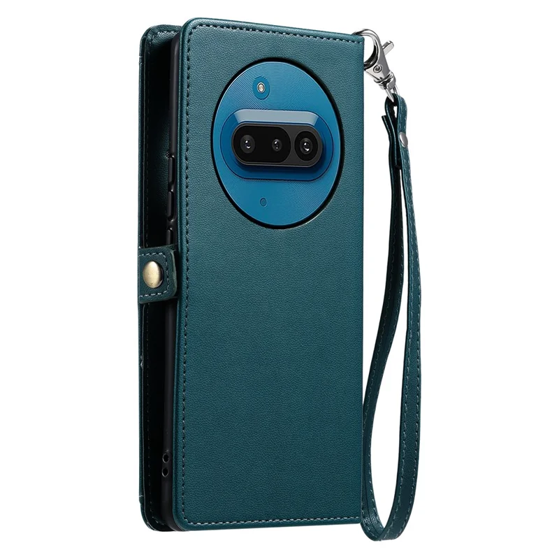 For Nothing Phone (3a) Leather Case with Wrist Strap Wallet Stand Phone Cover - Blackish Green