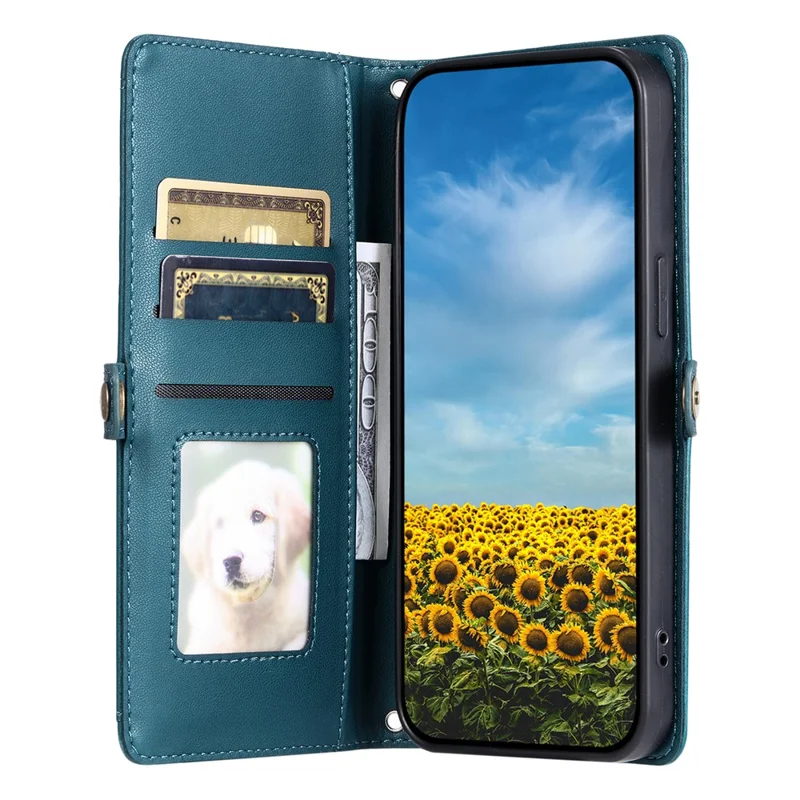 For Nothing Phone (3a) Leather Case with Wrist Strap Wallet Stand Phone Cover - Blackish Green
