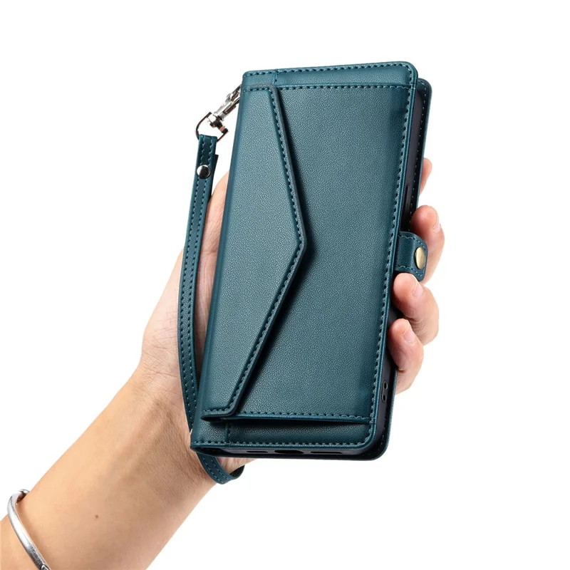 For Nothing Phone (3a) Leather Case with Wrist Strap Wallet Stand Phone Cover - Blackish Green