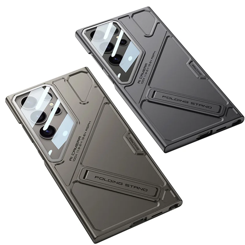 GKK For Samsung Galaxy S23 Ultra Case Mecha Style Shockproof Hard PC Phone Cover with Kickstand - Grey