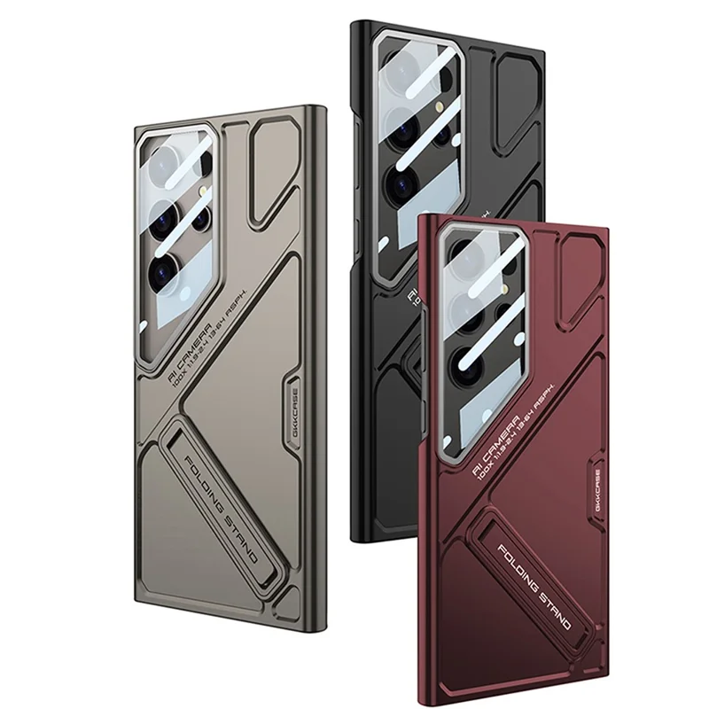 GKK For Samsung Galaxy S23 Ultra Case Mecha Style Shockproof Hard PC Phone Cover with Kickstand - Grey