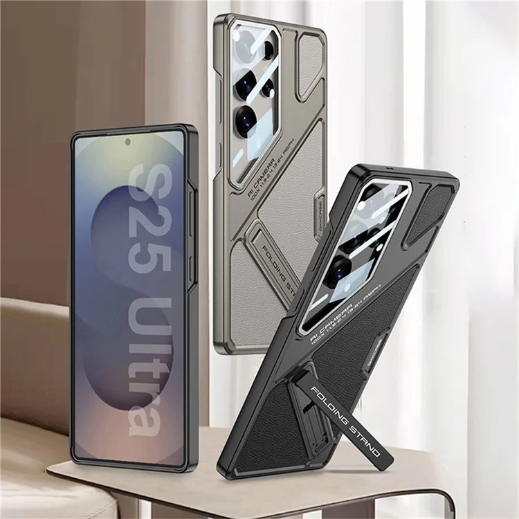 GKK For Samsung Galaxy S25 Ultra Case Shockproof PC + PU Phone Cover with Kickstand Mecha Style - Black  /  Grey