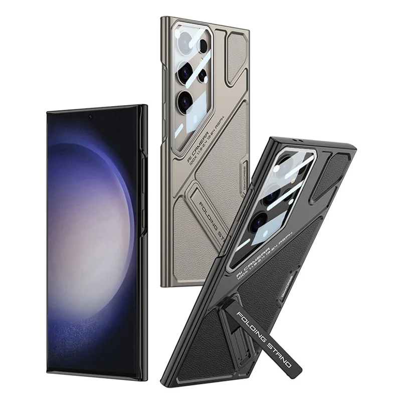 GKK For Samsung Galaxy S23 Ultra Case Shockproof PC + PU Phone Cover with Kickstand Mecha Style - Black